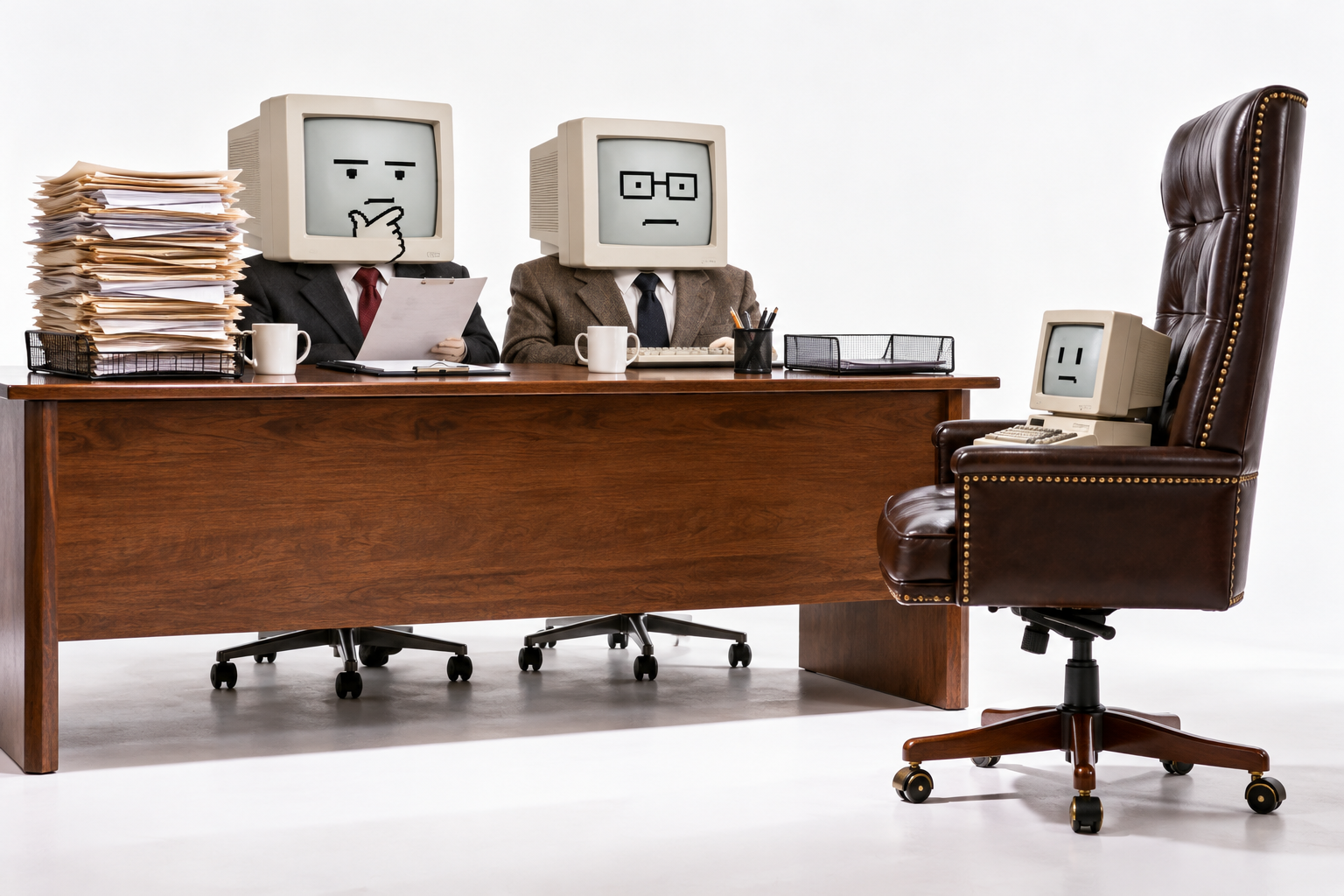Two computer-headed interviewers recruit a tiny third computer while finished work remains absent.