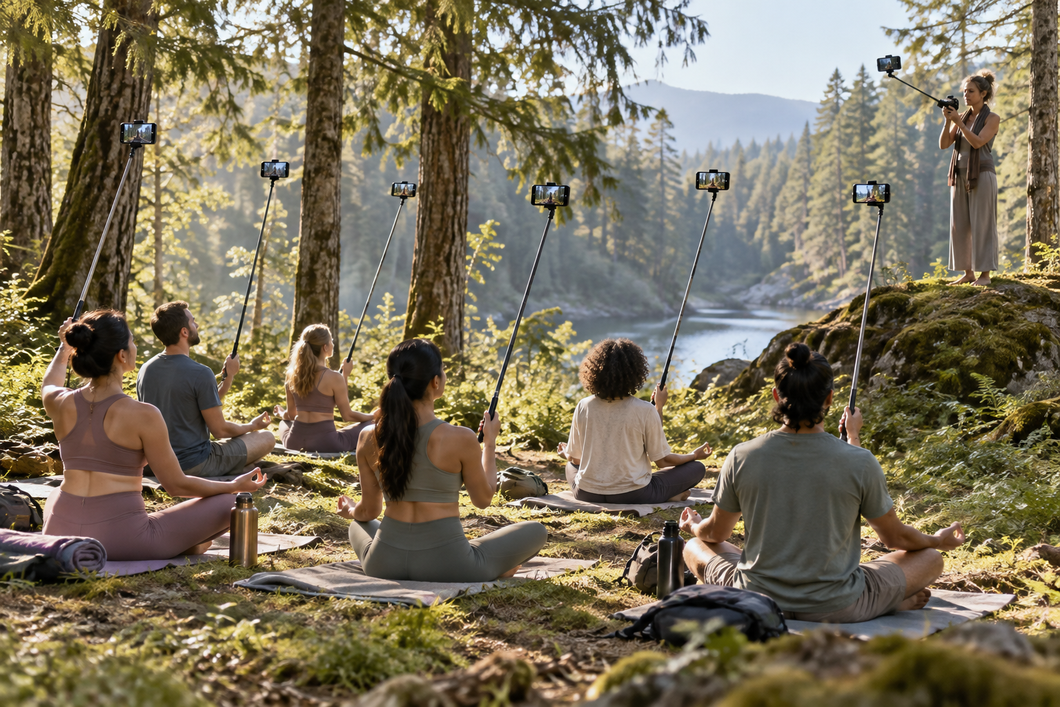 Wellness retreat guests document screen-free meditation with long selfie sticks.