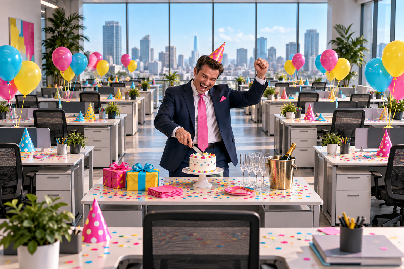 An executive celebrates alone among empty desks decorated for an employee party.