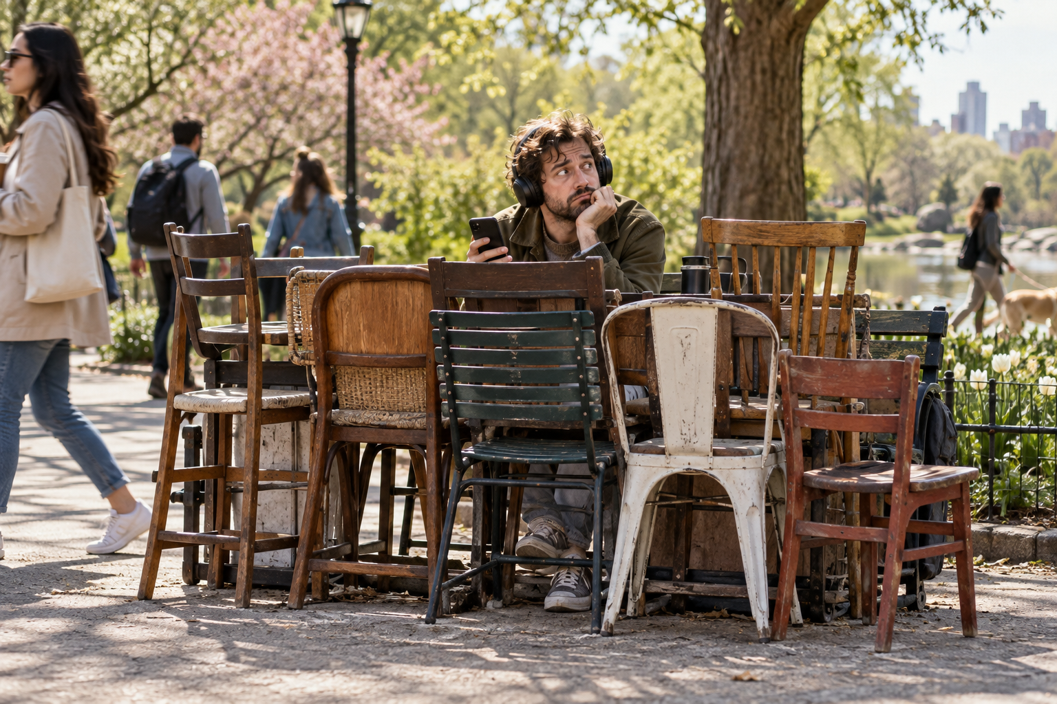 A man barricaded behind empty chairs watches his silent phone and the people passing him.
