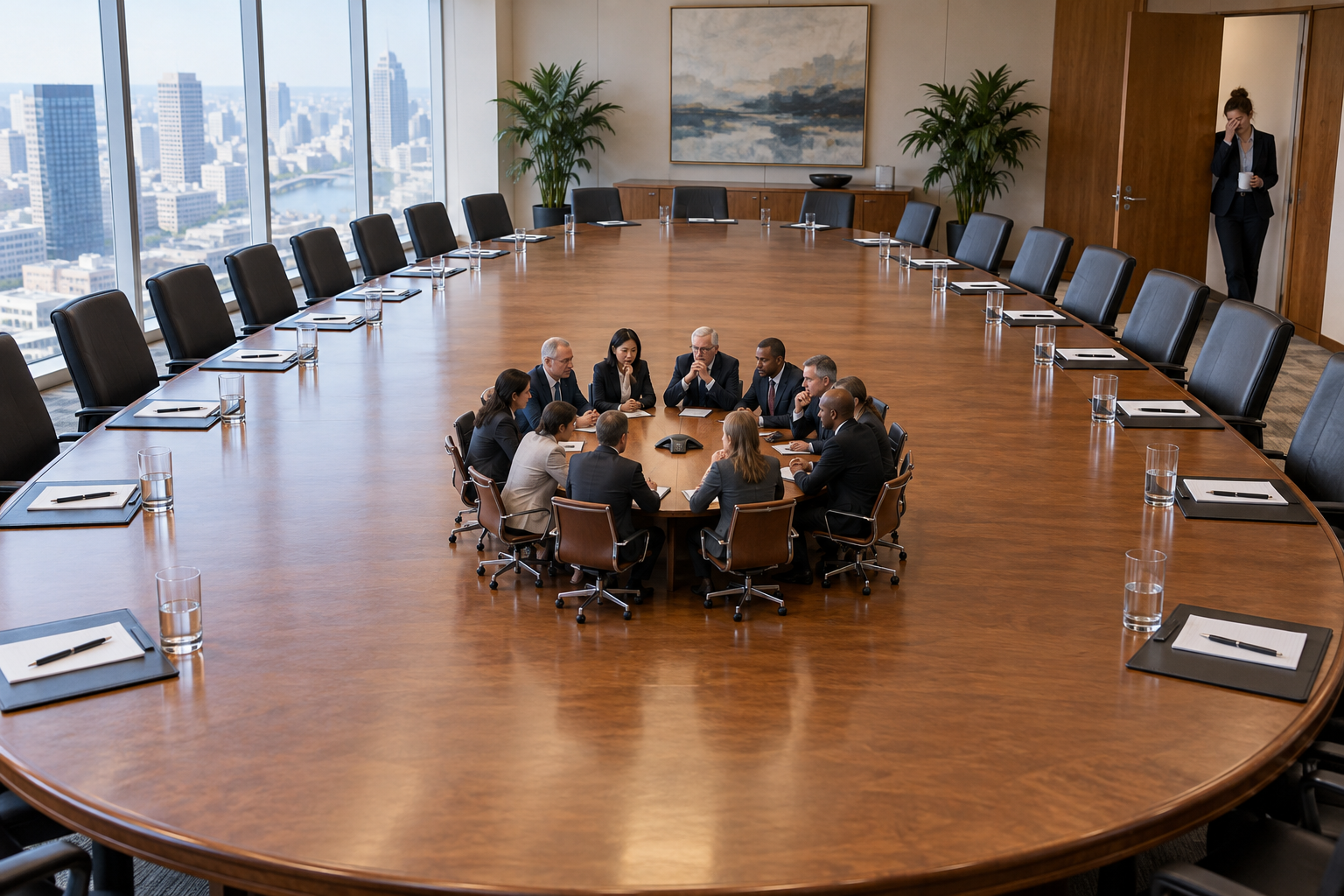 Tiny executives convene a meeting inside an absurdly enormous conference table.