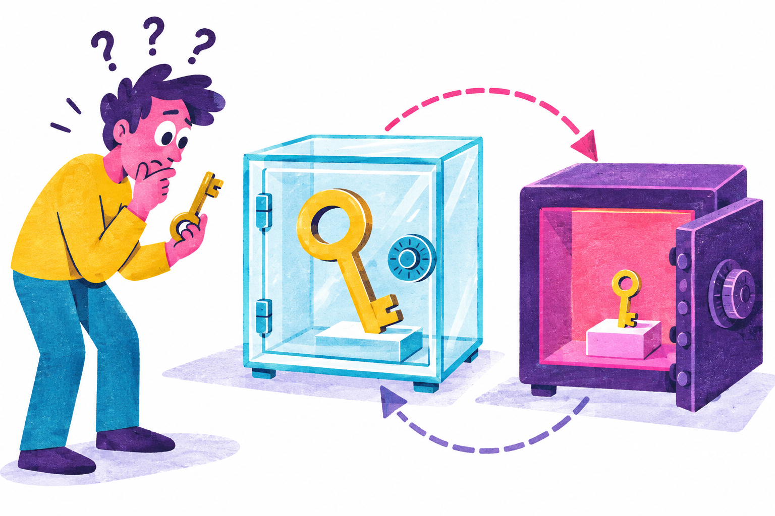 A confused human examines two safes whose keys form an impossible access loop.