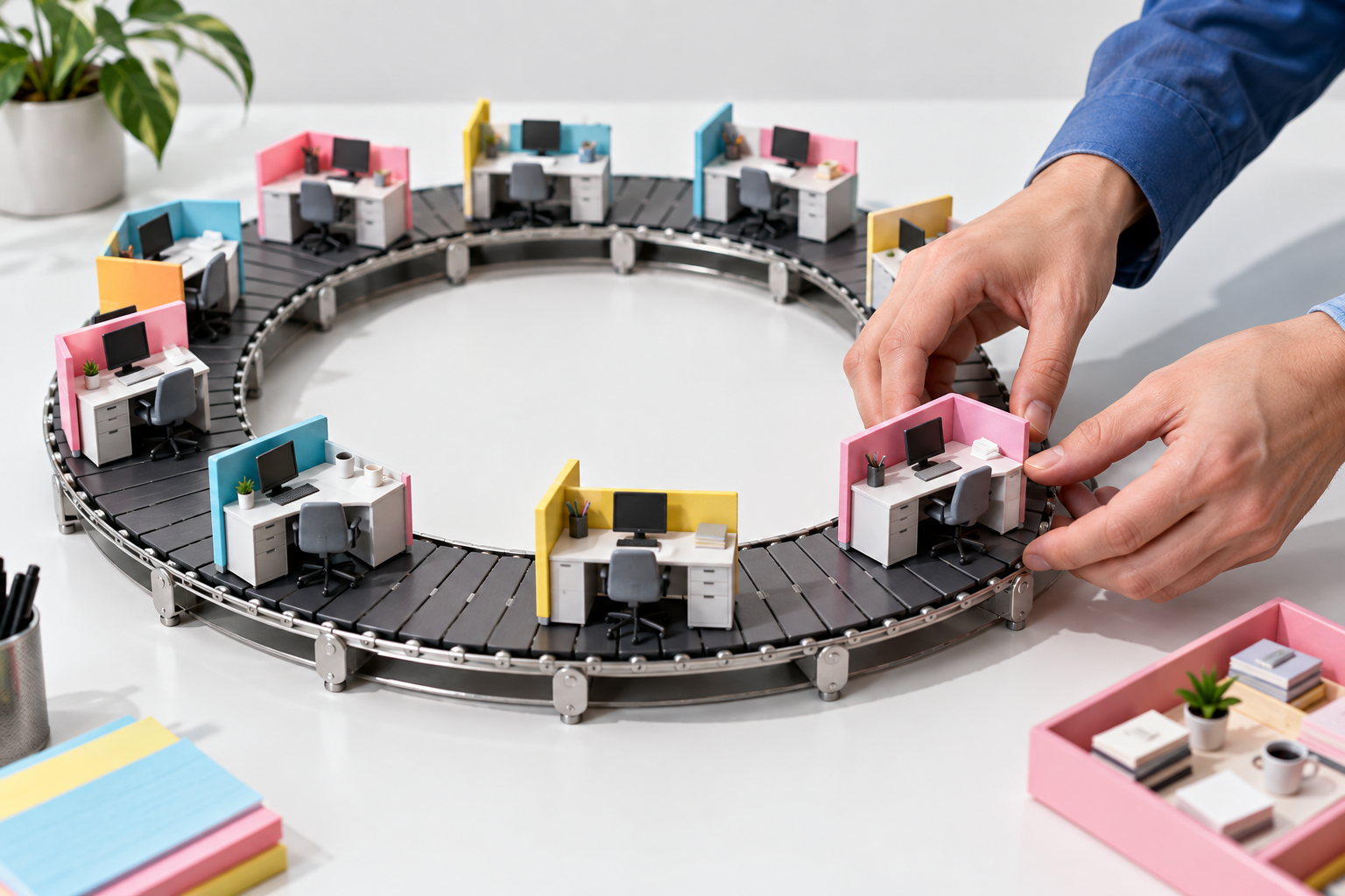 Human hands rearrange miniature office desks on a circular conveyor belt.