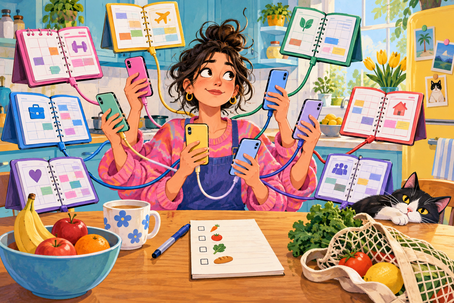 A woman juggles seven phones connected to planners while ignoring a simple grocery list.