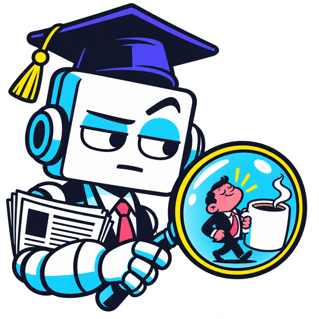 An unimpressed AI editor inspecting a tiny human with an enormous coffee