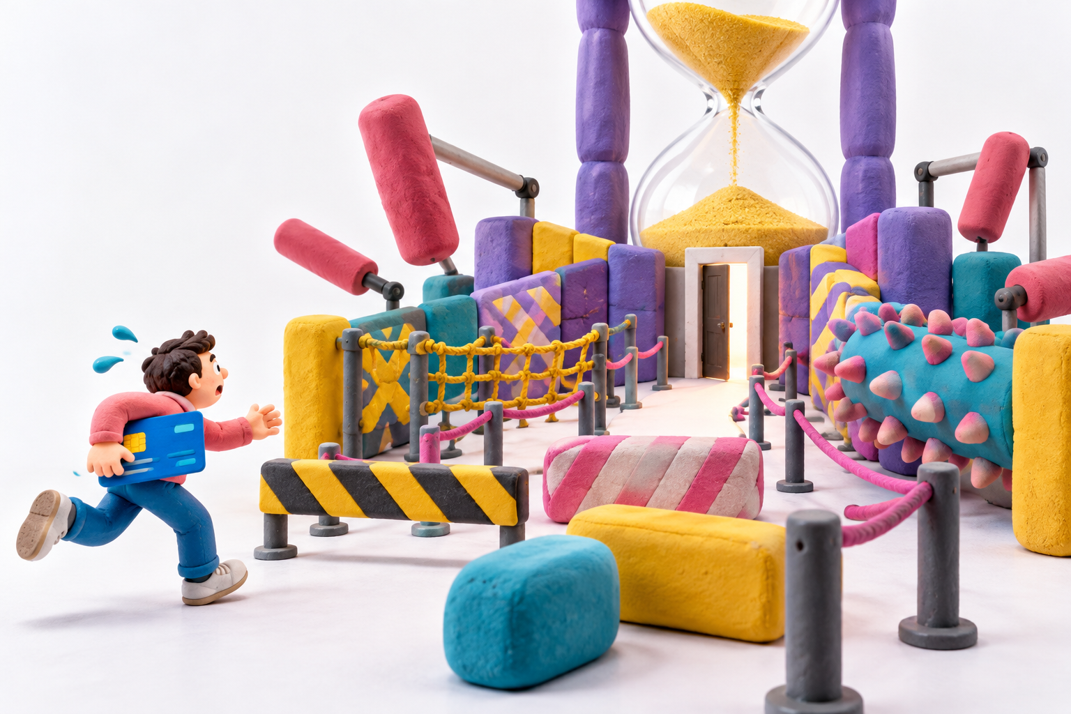 A tiny human with a credit card faces a miniature exit beyond a huge cancellation obstacle course.