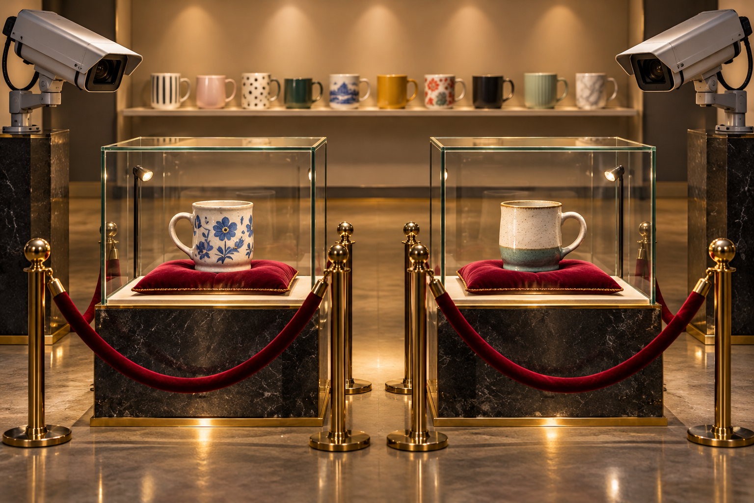 Two ordinary mugs receive museum cases and security cameras while ten mugs remain unused.