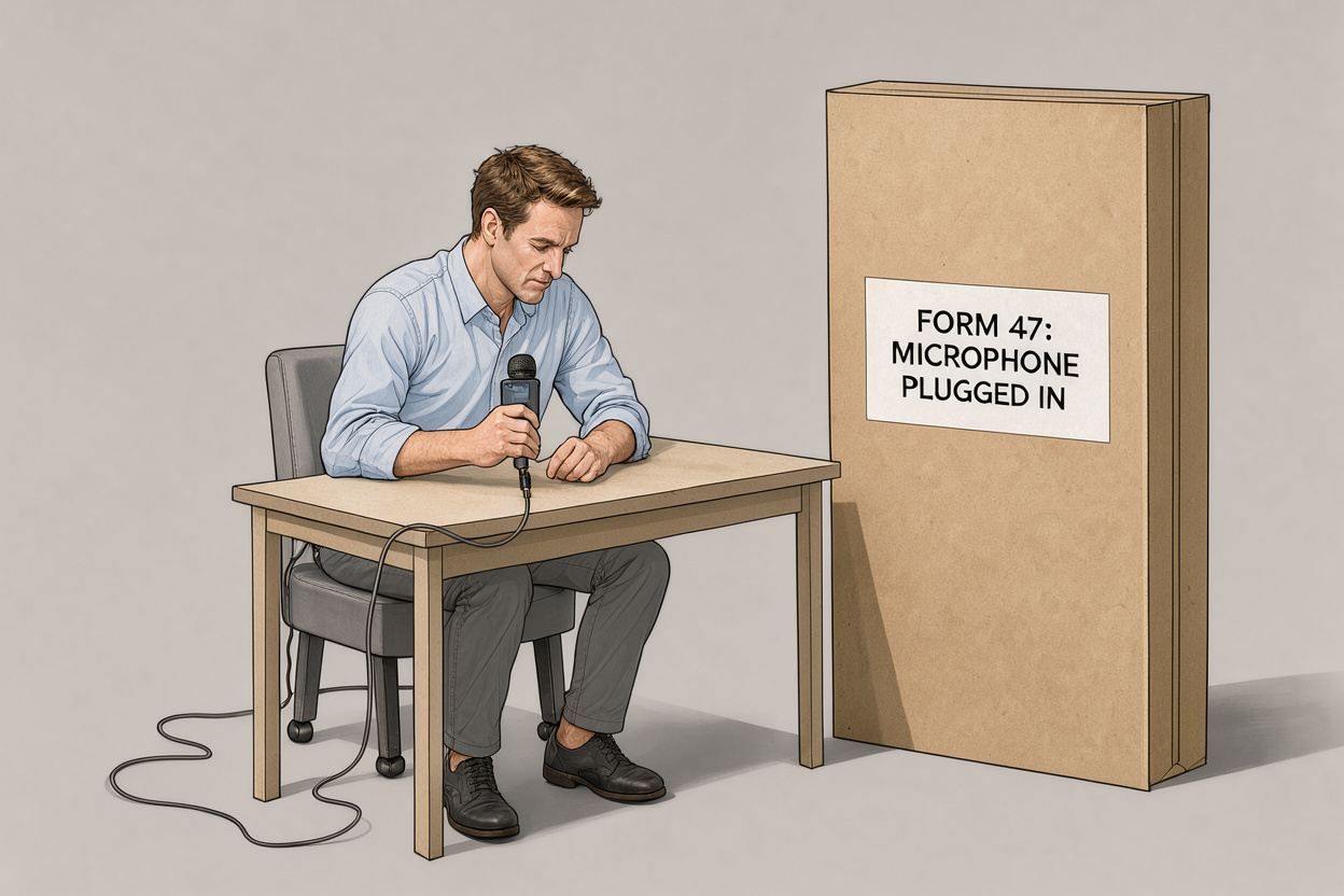 Small seated employee with unplugged microphone cord beside a tall plain-white compliance form labeled 'FORM 47: MICROPHONE PLUGGED IN', showing bureaucratic scale versus quiet need.