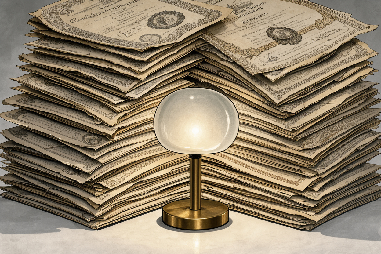 A tiny modern lamp dwarfed by a towering stack of elaborate, antique‑style certificates that loom over it.
