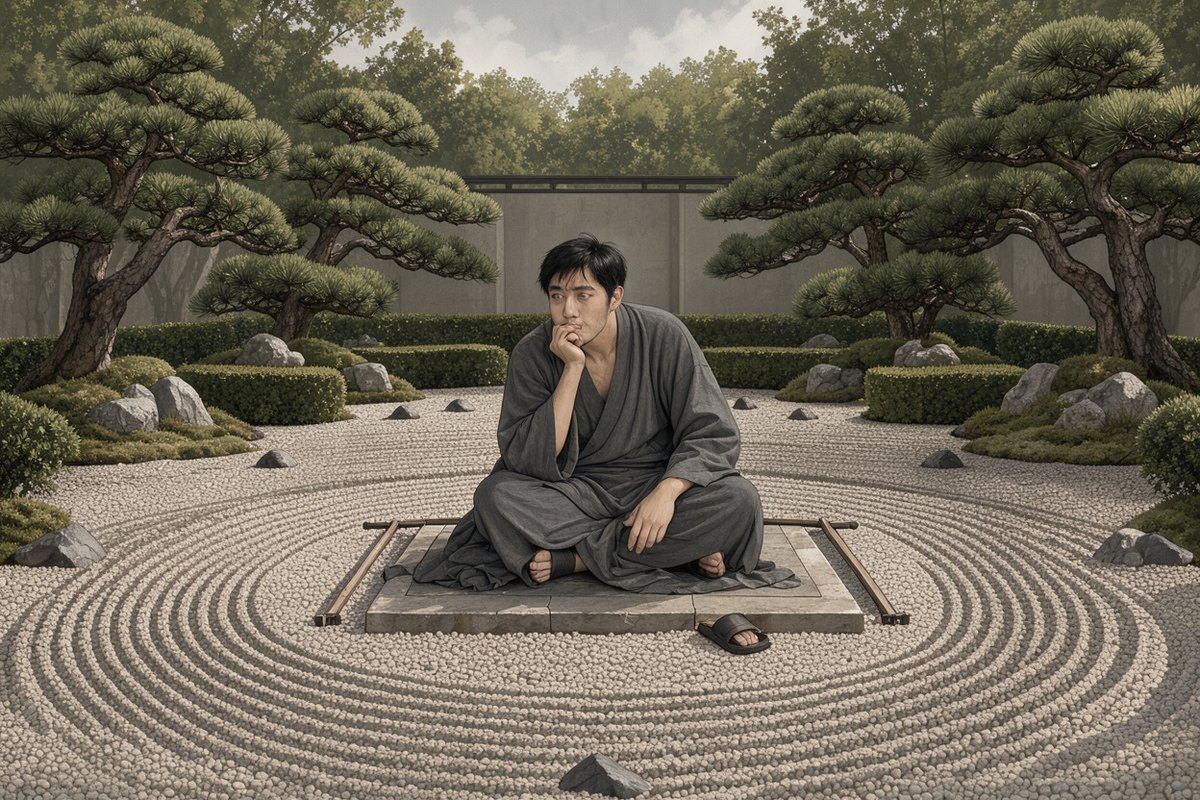 A person lost in thought in a perfectly maintained Zen garden.