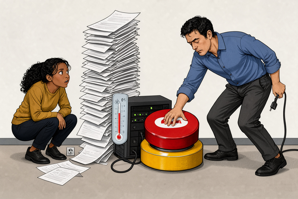 Tiny server under a gigantic red emergency‑stop button, a stack of blank paperwork towering overhead, a frosted thermometer showing 0 °C, an intern crouched beside an empty wall socket, and a coworker holding a hidden unplugged cord while pressing the oversized stop button.