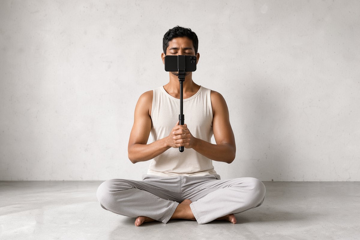 A photo of a person sitting in a lotus meditation pose on a cushion. They are holding a silver telescopic selfie stick straight down from their chest area up to their chin, where a smartphone is mounted. The person's eyes are closed peacefully. There are no words visible anywhere in the image.